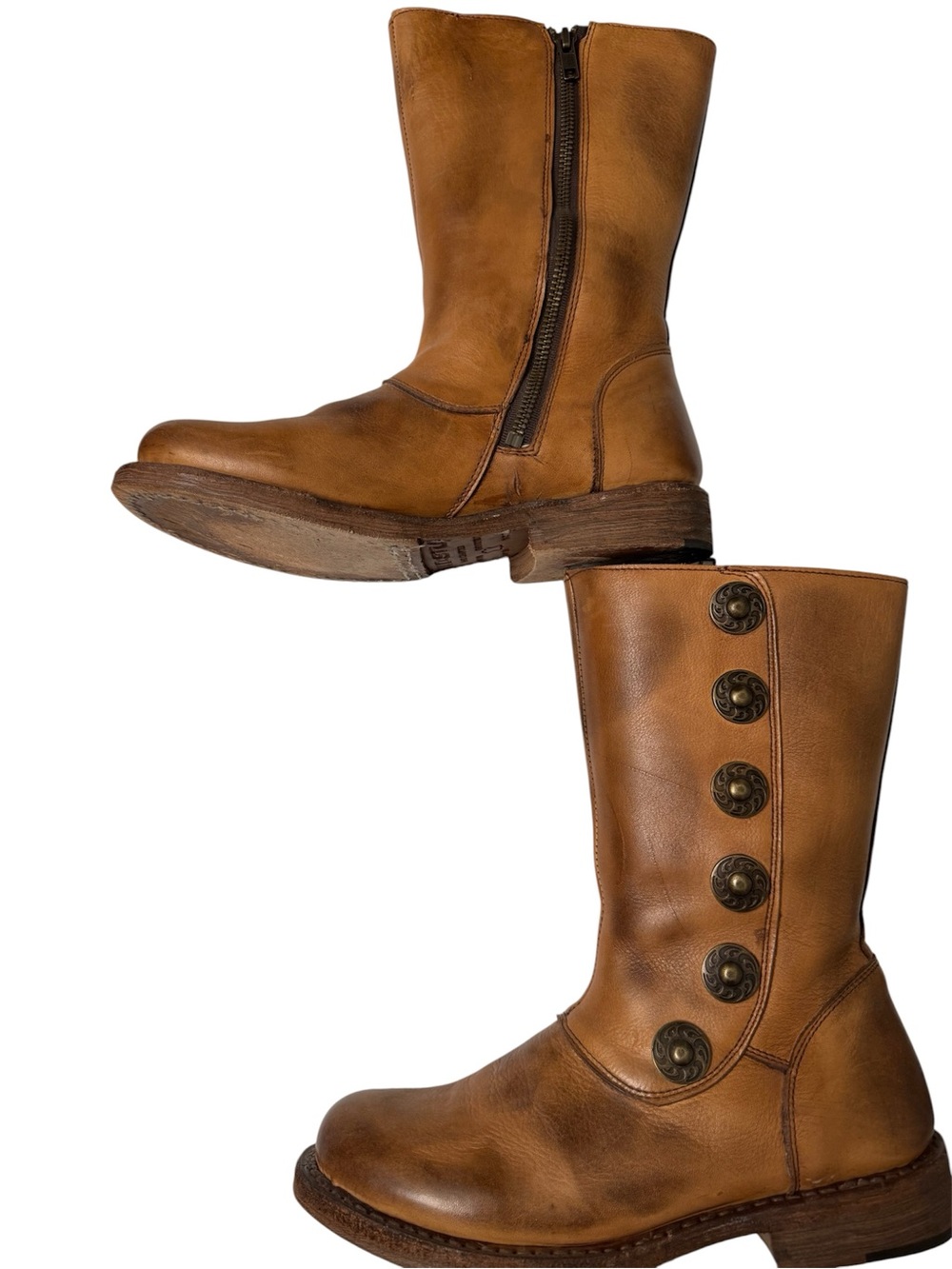 Ladies Tan Leather Mid-Calf Zip & Button Boots BED STU artisan style